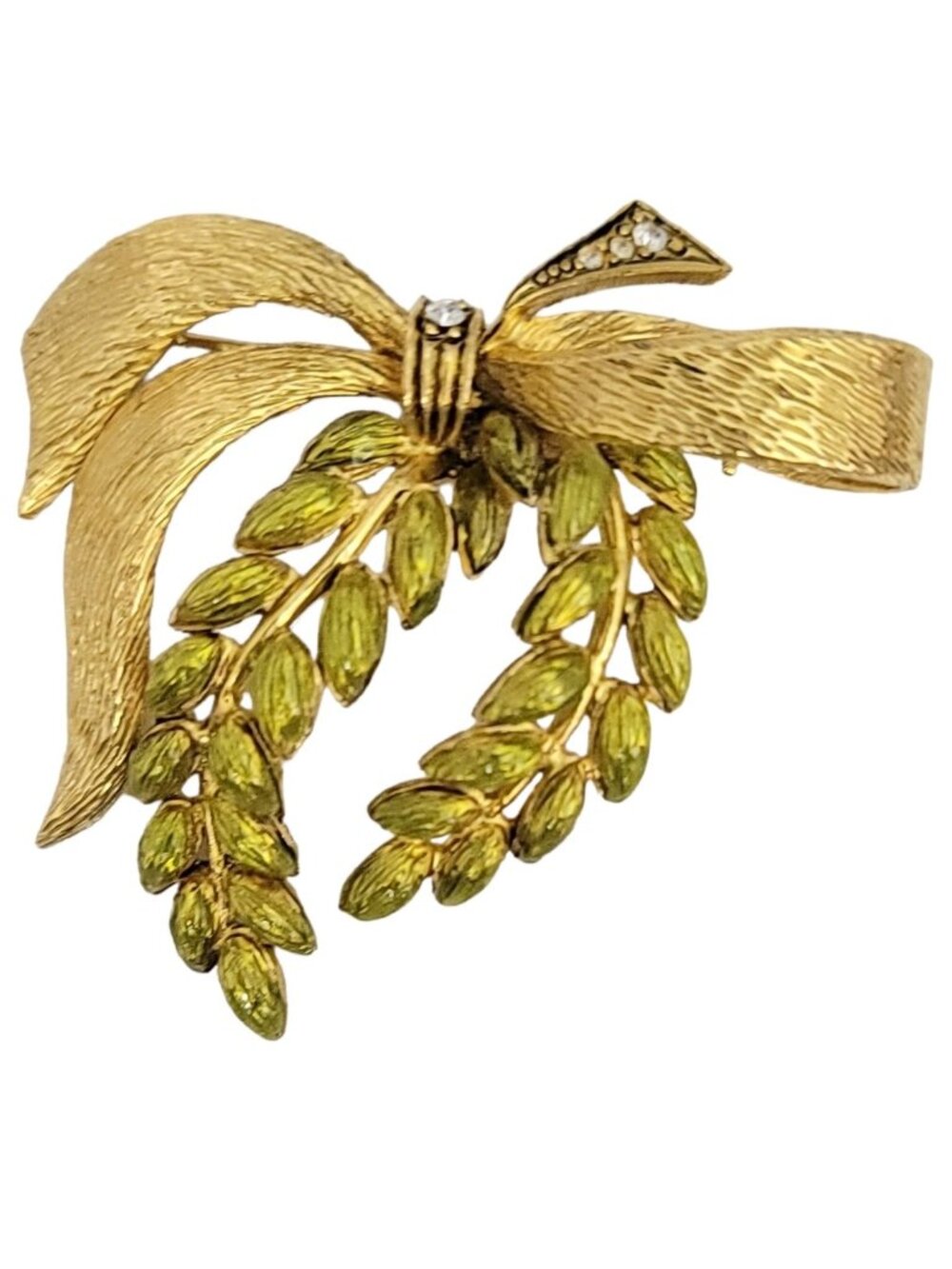 Joan Rivers Gold Tone Clear Rhinestone Green Enamel Wreath Bow Brooch Pin Signed